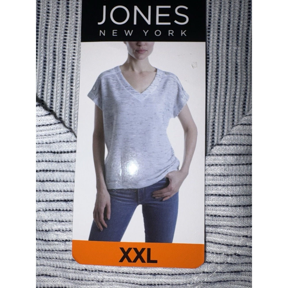 JONES NEW YORK Women's XXL Blue White Striped V-Neck Top NWT Button Accent Tee